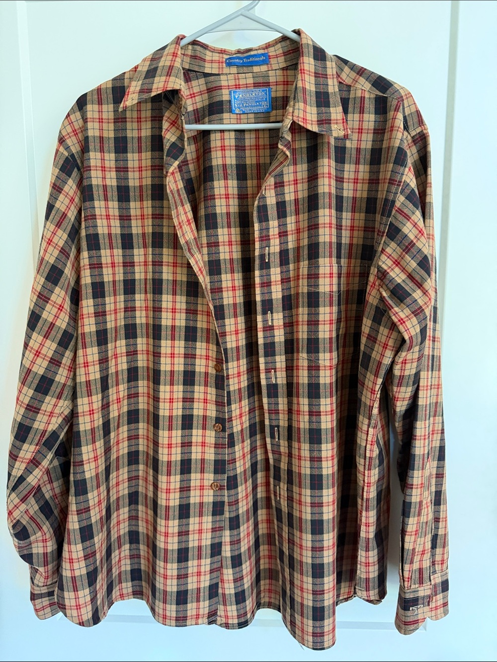 Pendleton Men’s Plaid Button-Down Shirt in Tan, Black and Red